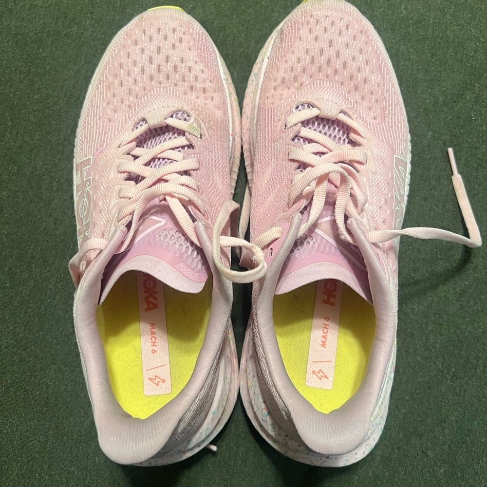 Hoka One One Pink Athletic Running Shoes with Yellow Insoles